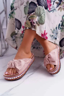 Klapki Damskie Klasyczne>Boto Klapki Damskie Z Kokardami Gruba Podeszwa Różowe Milady