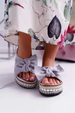 Sale Klapki Damskie Z Kokardami Gruba Podeszwa Szare Milady Damskie Klapki Damskie Klasyczne