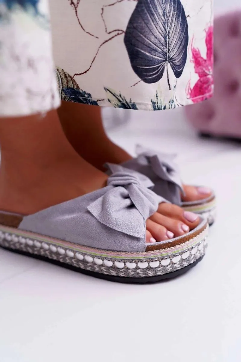 Sale Klapki Damskie Z Kokardami Gruba Podeszwa Szare Milady Damskie Klapki Damskie Klasyczne