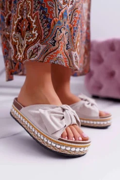 Outlet Boto Klapki Damskie Z Kokardami Gruba Podeszwa Beżowe Milady