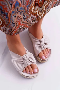 Outlet Boto Klapki Damskie Z Kokardami Gruba Podeszwa Beżowe Milady