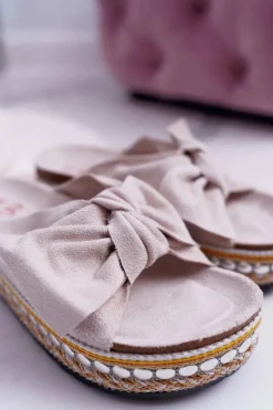 Outlet Boto Klapki Damskie Z Kokardami Gruba Podeszwa Beżowe Milady