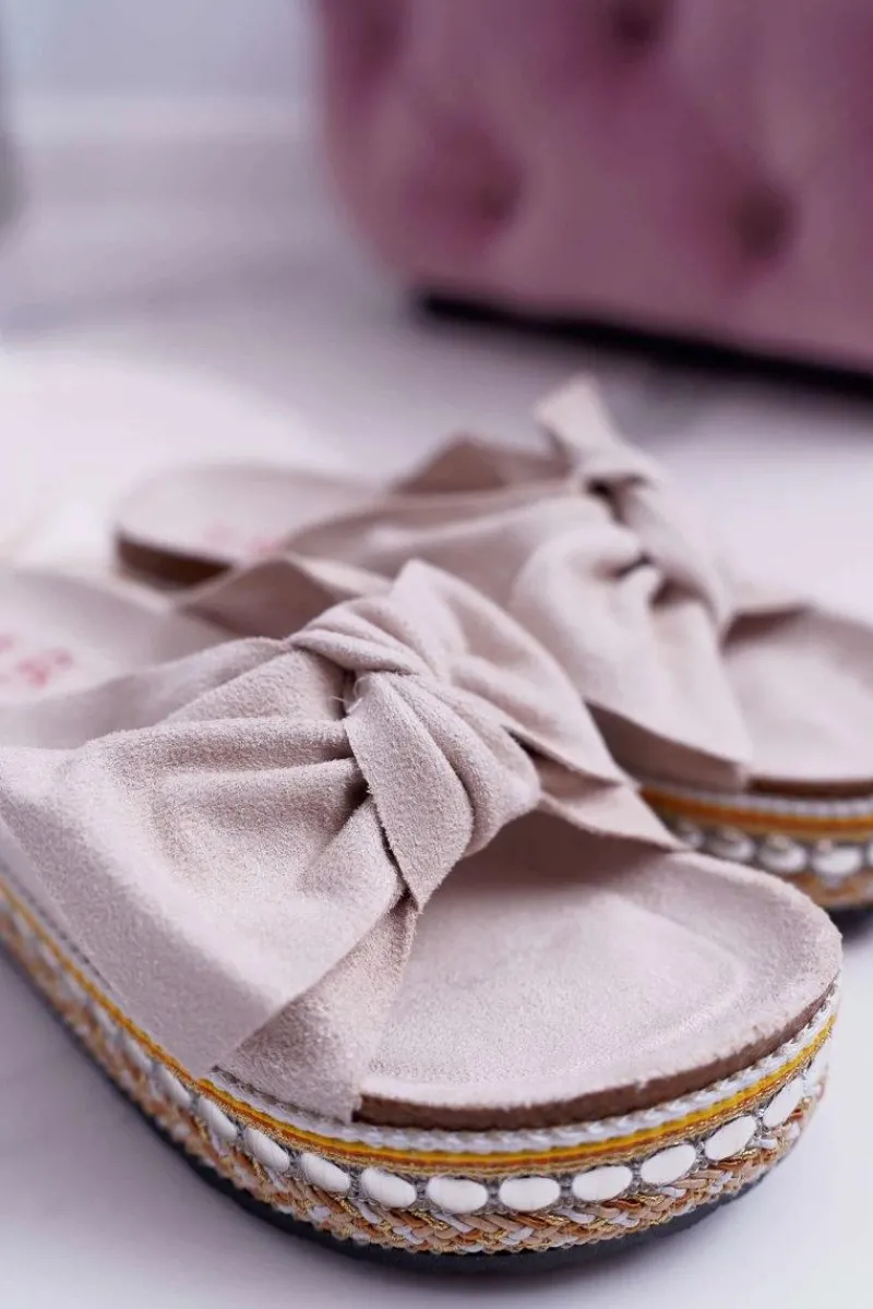 Outlet Boto Klapki Damskie Z Kokardami Gruba Podeszwa Beżowe Milady