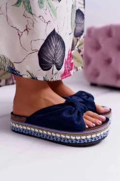 Best Klapki Damskie Z Kokardami Gruba Podeszwa Granatowe Milady Damskie Klapki Damskie Klasyczne