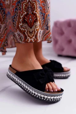 Klapki Damskie Z Kokardami Gruba Podeszwa Czarne Milady Damskie Klapki Damskie Klasyczne