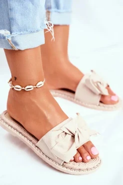 Klapki Damskie Klasyczne>Boto Klapki Damskie Z Kokardką Beżowe Happiness