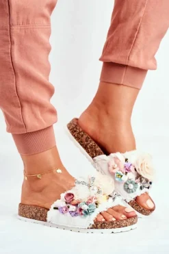 Klapki Damskie Klasyczne>Boto Klapki Damskie Z Kwiatami Białe Enrissa