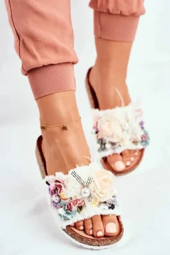 Klapki Damskie Klasyczne>Boto Klapki Damskie Z Kwiatami Białe Enrissa