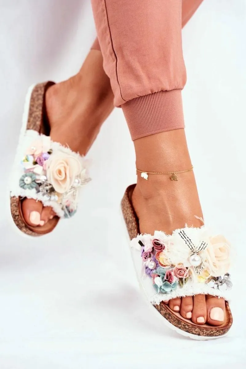 Klapki Damskie Klasyczne>Boto Klapki Damskie Z Kwiatami Białe Enrissa