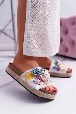 Clearance Boto Klapki Damskie Z Kwiatami Gruba Podeszwa Białe Amadeo