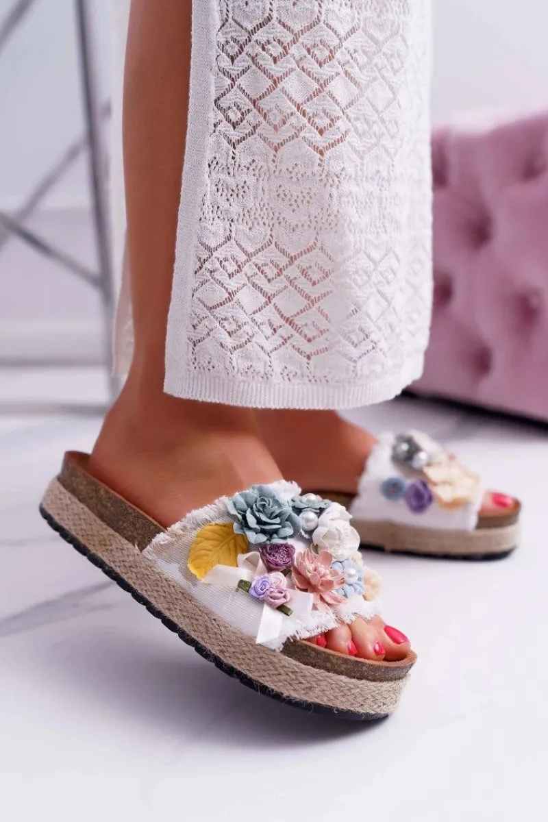 Clearance Boto Klapki Damskie Z Kwiatami Gruba Podeszwa Białe Amadeo