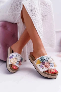Clearance Boto Klapki Damskie Z Kwiatami Gruba Podeszwa Białe Amadeo