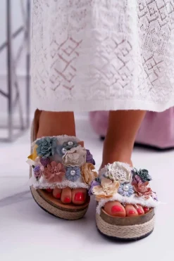 Clearance Boto Klapki Damskie Z Kwiatami Gruba Podeszwa Białe Amadeo