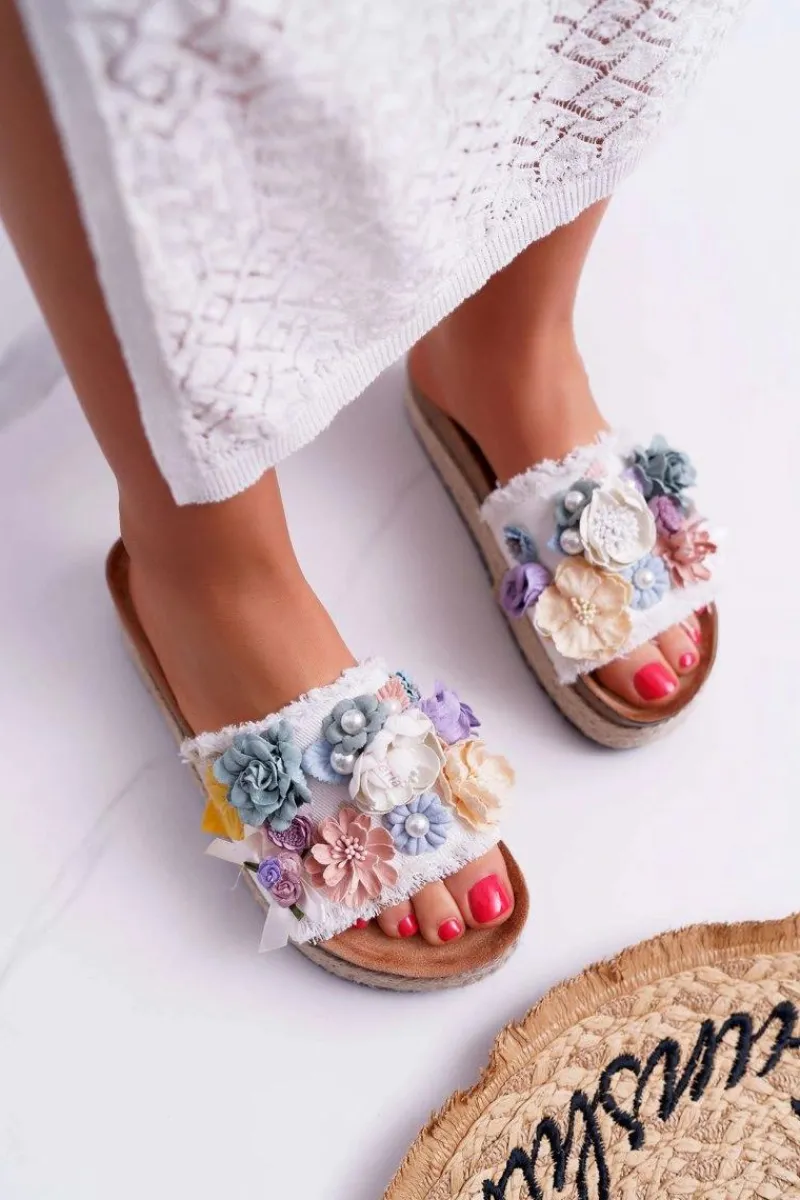 Clearance Boto Klapki Damskie Z Kwiatami Gruba Podeszwa Białe Amadeo