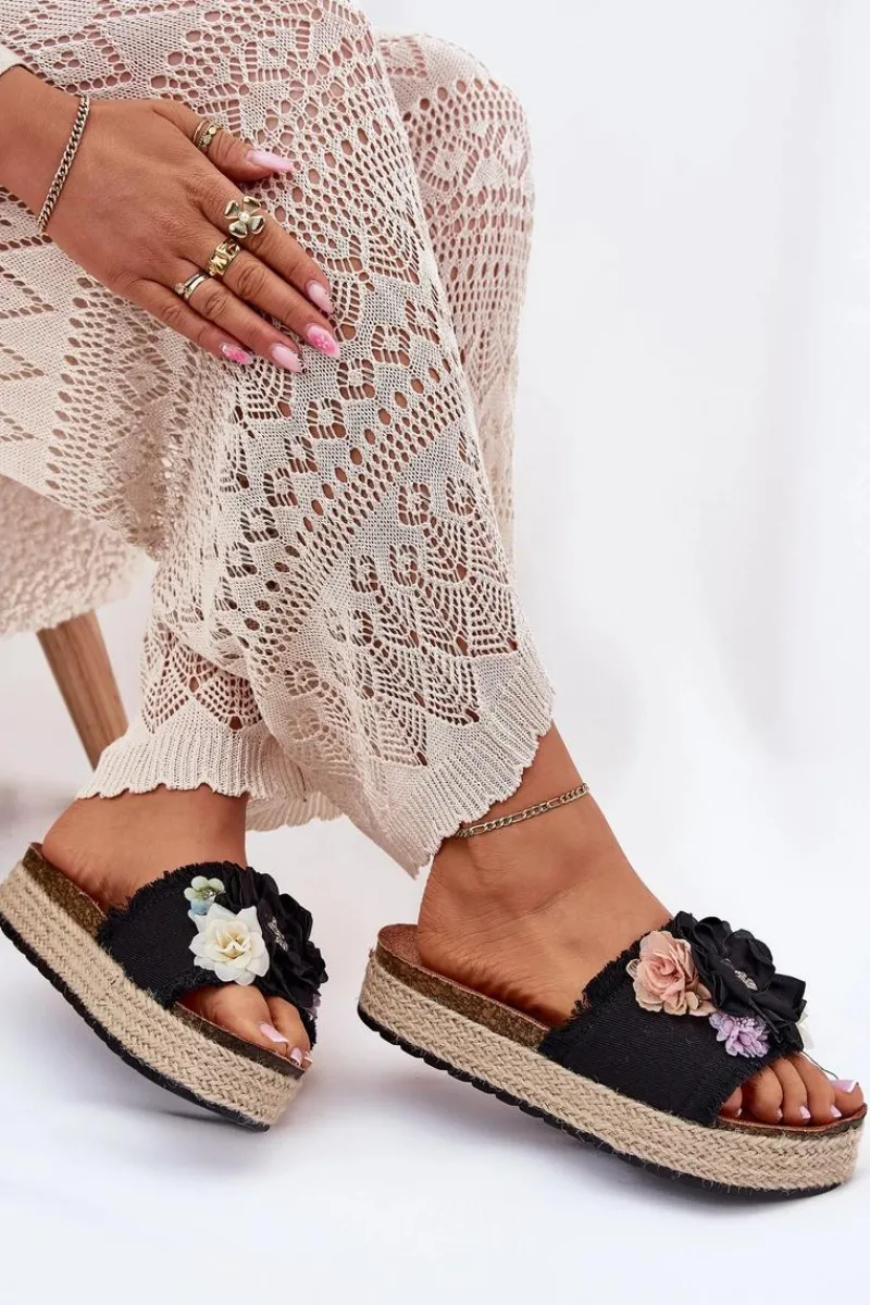 Klapki Na Platformie|Klapki Damskie Klasyczne>Boto Klapki Damskie Z Kwiatami Platforma Z Plecionką Czarne Zenvanis Czarny