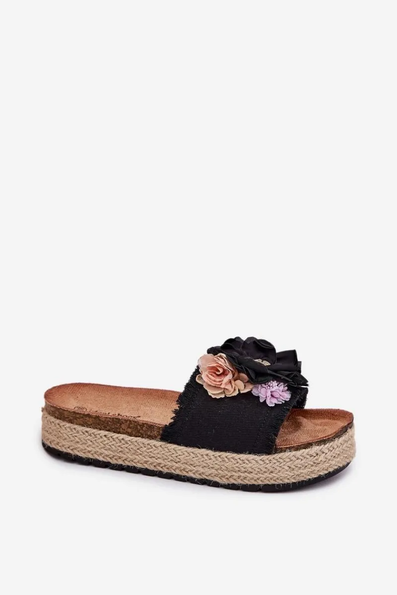 Klapki Na Platformie|Klapki Damskie Klasyczne>Boto Klapki Damskie Z Kwiatami Platforma Z Plecionką Czarne Zenvanis Czarny