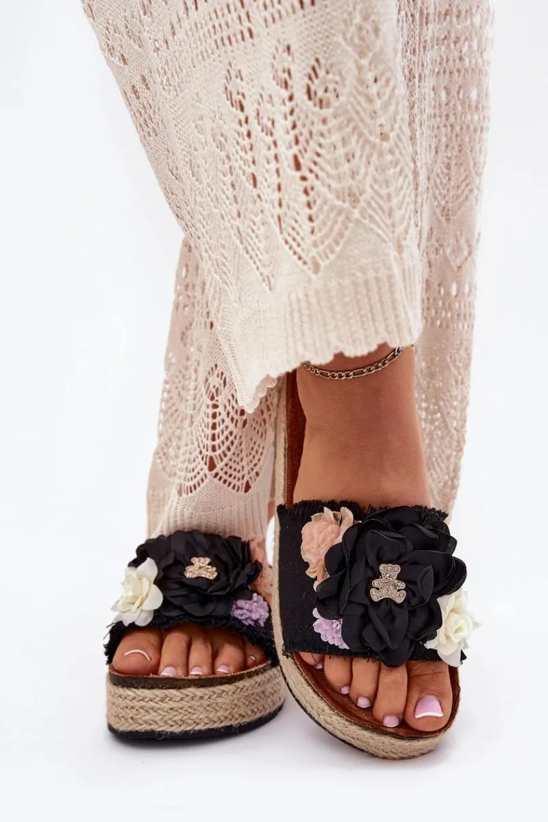 Klapki Na Platformie|Klapki Damskie Klasyczne>Boto Klapki Damskie Z Kwiatami Platforma Z Plecionką Czarne Zenvanis Czarny