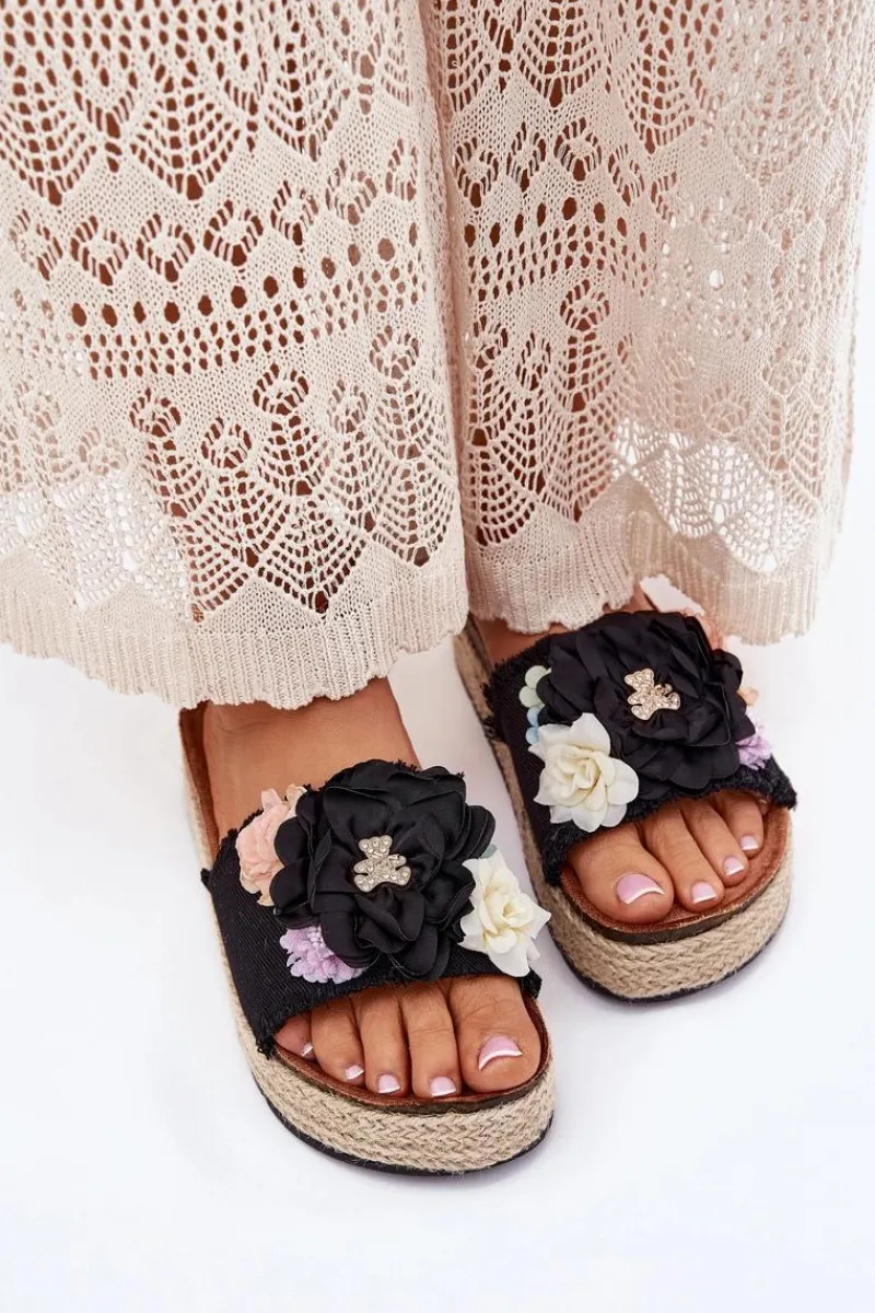 Klapki Na Platformie|Klapki Damskie Klasyczne>Boto Klapki Damskie Z Kwiatami Platforma Z Plecionką Czarne Zenvanis Czarny