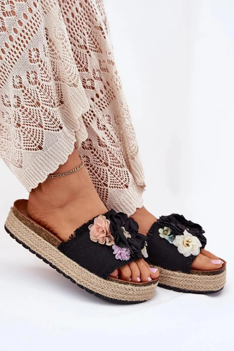 Klapki Na Platformie|Klapki Damskie Klasyczne>Boto Klapki Damskie Z Kwiatami Platforma Z Plecionką Czarne Zenvanis Czarny