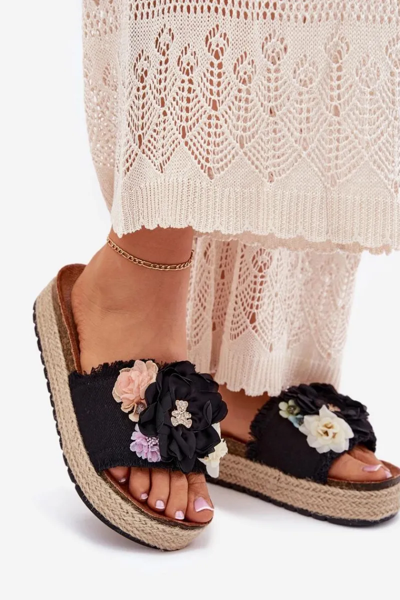 Klapki Na Platformie|Klapki Damskie Klasyczne>Boto Klapki Damskie Z Kwiatami Platforma Z Plecionką Czarne Zenvanis Czarny