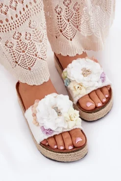 Discount Boto Klapki Damskie Z Kwiatami Platforma Z Plecionką Białe Zenvanis Biały