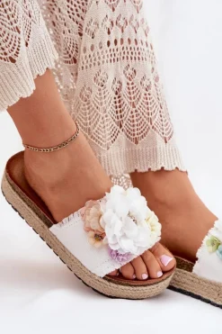 Discount Boto Klapki Damskie Z Kwiatami Platforma Z Plecionką Białe Zenvanis Biały