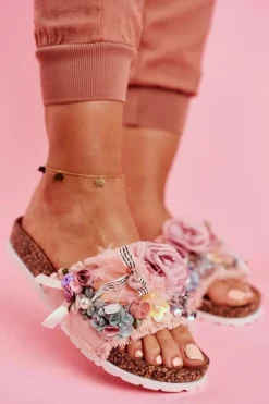 Online Boto Klapki Damskie Z Kwiatami Różowe Enrissa