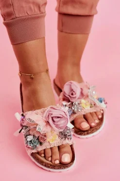 Online Boto Klapki Damskie Z Kwiatami Różowe Enrissa