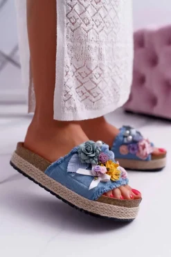Klapki Damskie Z Kwiatami Gruba Podeszwa Niebieskie Amadeo Damskie Klapki Damskie Klasyczne