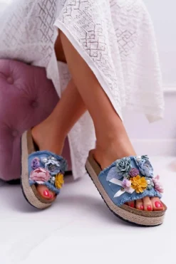 Klapki Damskie Z Kwiatami Gruba Podeszwa Niebieskie Amadeo Damskie Klapki Damskie Klasyczne