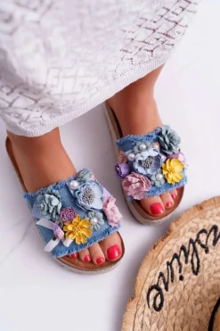 Klapki Damskie Z Kwiatami Gruba Podeszwa Niebieskie Amadeo Damskie Klapki Damskie Klasyczne