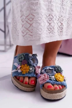 Klapki Damskie Z Kwiatami Gruba Podeszwa Niebieskie Amadeo Damskie Klapki Damskie Klasyczne