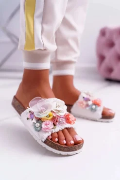 Klapki Damskie Klasyczne>Boto Klapki Damskie Z Kwiatami Białe Enrissa