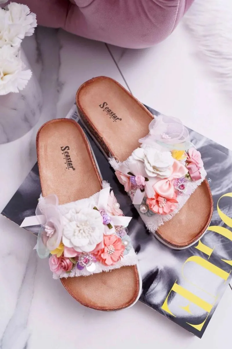 Klapki Damskie Klasyczne>Boto Klapki Damskie Z Kwiatami Białe Enrissa