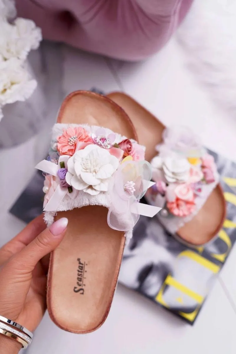 Klapki Damskie Klasyczne>Boto Klapki Damskie Z Kwiatami Białe Enrissa