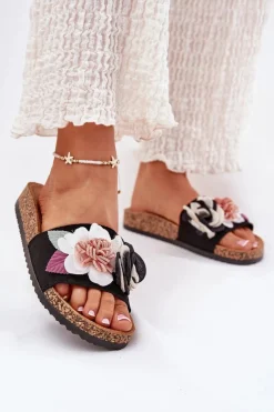 Klapki Korkowe|Klapki Na Platformie>Boto Klapki Damskie Z Kwiatkami Na Korkowej Platformie Czarne Zinrosa