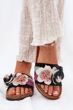 Klapki Korkowe|Klapki Na Platformie>Boto Klapki Damskie Z Kwiatkami Na Korkowej Platformie Czarne Zinrosa