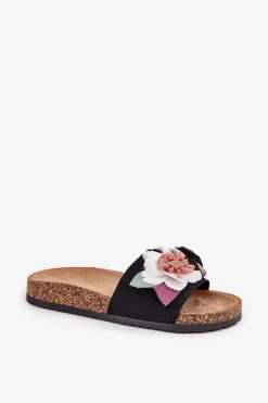 Klapki Korkowe|Klapki Na Platformie></noscript>Boto Klapki Damskie Z Kwiatkami Na Korkowej Platformie Czarne Zinrosa