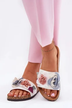 Clearance Klapki Damskie Z Kwiatkami Na Korkowej Platformie Białe Zinrosa Damskie Klapki Korkowe|Klapki Na Platformie