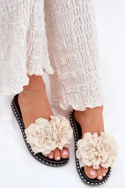 Best Boto Klapki Damskie Z Materiałowymi Kwiatami Beżowe Elachase