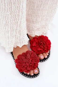 Online Boto Klapki Damskie Z Materiałowymi Kwiatami Czerwone Elachase