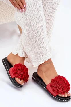 Online Boto Klapki Damskie Z Materiałowymi Kwiatami Czerwone Elachase