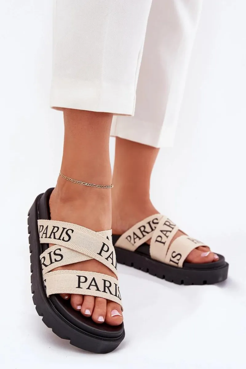 Klapki Na Platformie|Klapki Damskie Klasyczne>Boto Klapki Damskie Z Materiałowymi Paskami Paris Na Platformie Beżowe Celinea