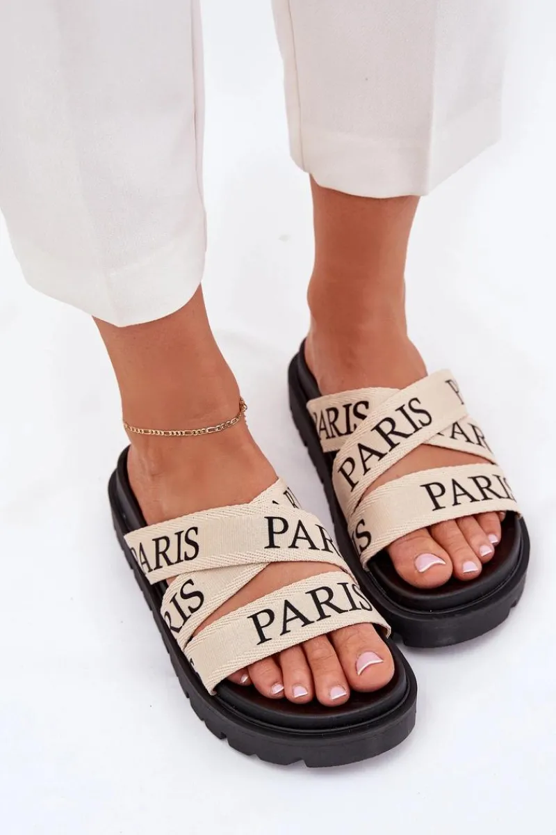 Klapki Na Platformie|Klapki Damskie Klasyczne>Boto Klapki Damskie Z Materiałowymi Paskami Paris Na Platformie Beżowe Celinea