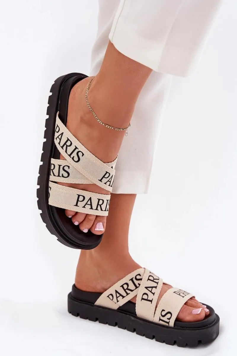 Klapki Na Platformie|Klapki Damskie Klasyczne>Boto Klapki Damskie Z Materiałowymi Paskami Paris Na Platformie Beżowe Celinea