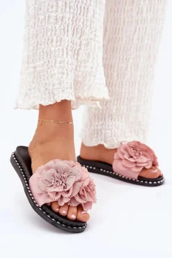 Klapki Damskie Klasyczne>Boto Klapki Damskie Z Materiałowymi Kwiatami Różowe Elachase