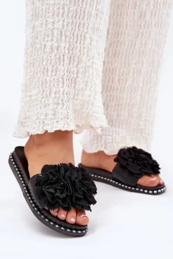 Klapki Damskie Klasyczne>Boto Klapki Damskie Z Materiałowymi Kwiatami Czarne Elachase