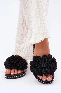 Klapki Damskie Klasyczne>Boto Klapki Damskie Z Materiałowymi Kwiatami Czarne Elachase