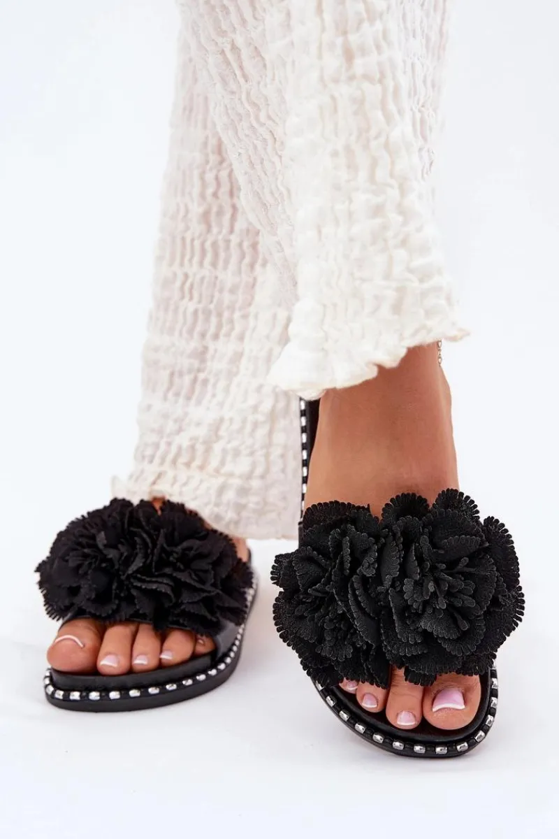 Klapki Damskie Klasyczne>Boto Klapki Damskie Z Materiałowymi Kwiatami Czarne Elachase