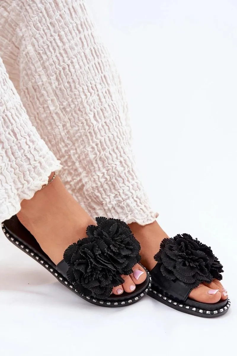 Klapki Damskie Klasyczne>Boto Klapki Damskie Z Materiałowymi Kwiatami Czarne Elachase